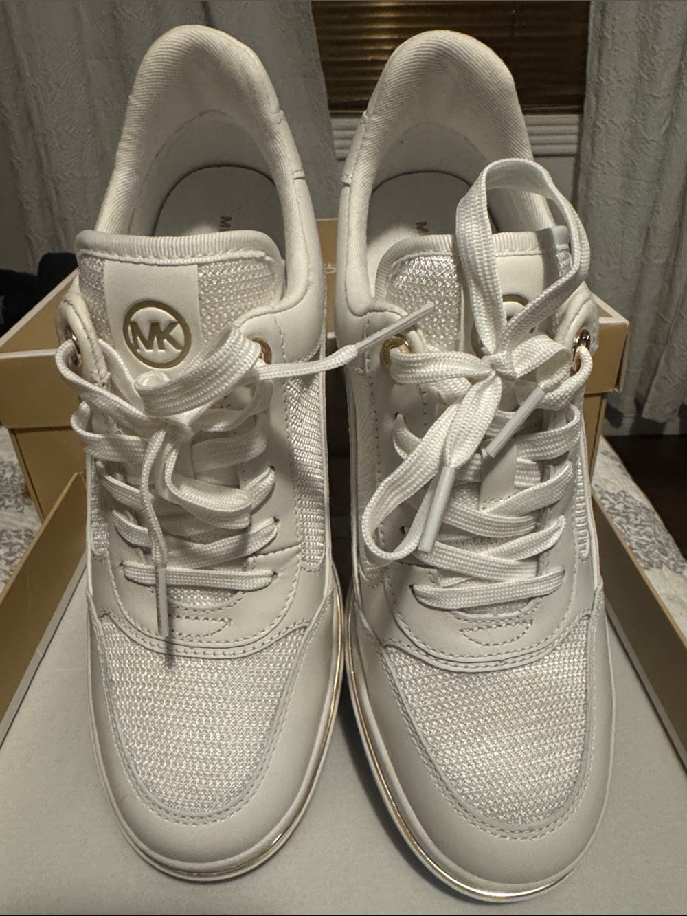 Michael Kors White Men’s Leather & Mesh Sneakers with Gold MK Accent